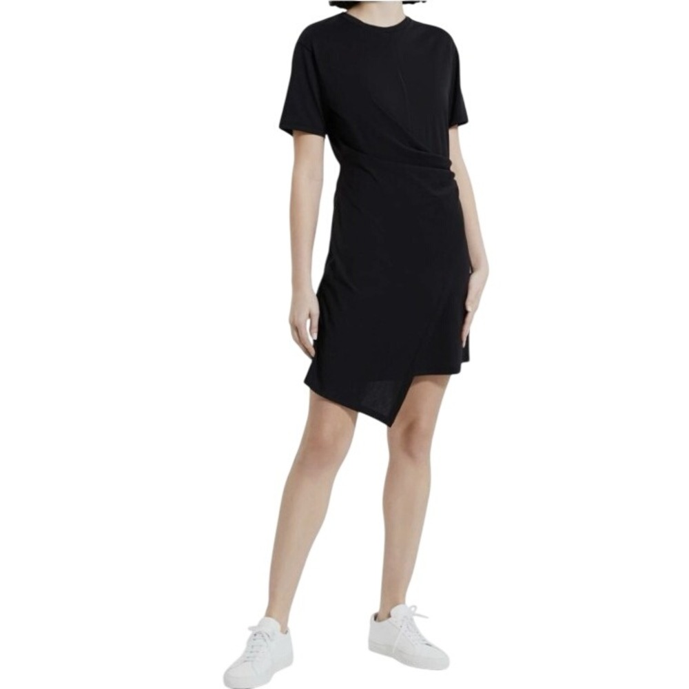 Theory Black Jersey Side Drape Ruched Pima Cotton Asymmetric Minimalist Dress S